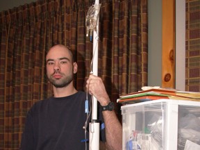 Airdrie resident Chris Armstrong sits with supplies needed for his bi-weekly enzyme replacement treatment. He was diagnosed with Fabry disease in 2007, a rare genetic disorder that renders him incapable of breaking down a fatty substance found in the body. Armstrong is participating in the first ever clinical trial trying to correct it.
TESSA CLAYTON/AIRDRIE ECHO