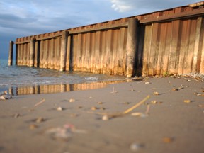 Water levels in Lake Huron are nearing the historic low mark set in 1964 and are expected decline even further by spring. This breakwall at Canatara beach in Sarnia, Ont., seen on Thursday Oct. 11, 2012, reveals how far the lake level has fallen this season. TYLER KULA,QMI AGENCY