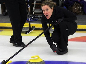 Margaret Corey-Robinson shouts instructions to her sweepers during the final of the BDO Canada Ladies Bonspiel at the Sarnia Golf and Curling Club Wednesday, Feb 6, 2013 in Sarnia, Ont. Corey-Robinson, along with her mother Jean Corey of Sarnia, her sister-in-law Helen Corey and Sue Johnson took the title with a 10-5 win over Carolyn Sheppard's Ilderton foursome. PAUL OWEN/THE OBSERVER/QMI AGENCY