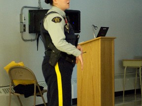 Cst. Candace Harris spoke to a group of student at Portage Collegiate, Wednesday, about sexual exploitation and human trafficking. She approached the students about taking part in an awareness campaign before the national conference taking place in Winnipeg in March of 2013. (ROBIN DUDGEON/PORTAGE DAILY GRAPHIC/QMI AGENCY)