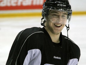 Sarnia Sting forward Reid Boucher laughs during practice at the RBC Centre Wednesday. Boucher is the runaway leader in goals in the OHL this season. PAUL OWEN/THE OBSERVER/QMI AGENCY
