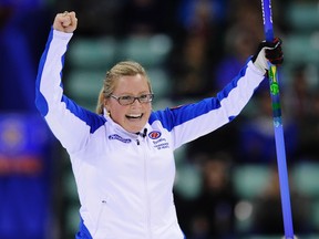 British Columbia skip Kelly Scott celebrates her victory against Quebec at the 2012 Scotties Tournament of Hearts curling championship in Red Deer, Alta. Scott, a two-time Canadian champion, will be competing at this year’s national event in Kingston, Feb. 16-24. (Reuters file photo)