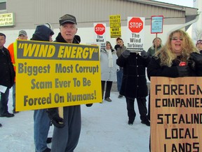Opponents of a 92-turbine wind farm proposed for north Lambton gathered outside the Watford’s Centennial Hall Thursday while officials from Nextera Energy held a public open house inside. TARA JEFFREY/THE OBSERVER/QMI AGENCY