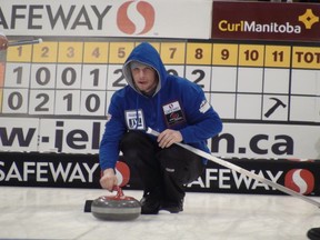 Daley Peters throws a rock during his first game Wednesday at the Safeway Championship in Neepawa.