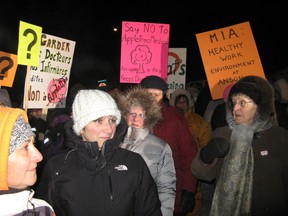 Approximately 300 people demonstrated in front of the Anson General Hospital in Iroquois Falls Wednesday, Feb. 6, 2013, demanding answers about recent resignations and the declining number of doctors working in the community.