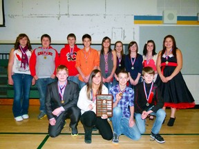 Winners in the Hines Creek Composite Science Fair, back, l-r, Brooke Bjorklund, Theron Young, Daylon Wilson, Aaron Charchuk, Jeanelle Charchuk, Cassidy Charchuk, Talese Godberson, Zoe Worobetz and Dana Basnett, front, l-r, Nolan Bjornson, Kayla Bjornson, Cody Nehring and Damian Worobetz.