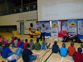 Alberta Snowmobile Association speaker Lori Zacaruk talking to Hines Creek Composite elementary students about the importance of respect in snowmobile safety. She spoke to the high school students separately.