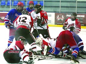 A line-on-line brawl takes place between the Midget AAA Rangers and the UFA Bisons on the weekend, when the local boys lost 6-4.
Photo by Aaron Taylor/Fort Saskatchewan Record/QMI Agency