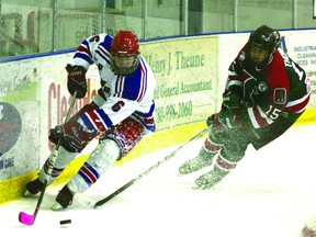 Bantam AAA Rangers forward Connor Middleton brings the puck up against the undefeated SSAC Lions on the weekend, when the Rangers fell 6-4 to the visiting team.
Photo by Aaron Taylor/Fort Saskatchewan Record/QMI Agency