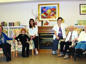 (l-r) Eleanor Grennell, who’s husband Herbert lives at Providence Manor, Lorene Lukashal, resident, Grace Costa, recreationist, Olivia Santos, registered nurse and residents Raymond Feeley and Elaine Feeley are celebrating after Providence Manor was named as the Ontario high performer following a residents satisfaction survey.    Contributed photo