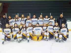 The Dunvegan Dynamite bantam girls after winning gold at the tournament in Castor