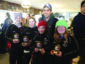 Submitted photo
Abby Warren, Maraiaah Barnes, Ashley Lipke and Lindsay Tyson, joined by coach Keith Metrakos, celebrate their tip-top performance at the Royal Canadian Navy Curling Club Little Rocks Bonspiel on Jan. 27.