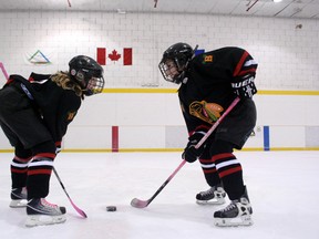 From left to right: Dobrila Skendzic, 11, and Julia Tronchin, 12, are working together to advocate for an all-girls hockey team in Beaumont. The duo currently play for the PeeWee Braves 5 mixed team, at a level where hitting is an integral part of the game, and the girls are up against boys much bigger than them.
