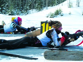 SCOTT LOCKHART/Special to the Daily Miner and News 
Karly Lockhart shoots during the junior girls 4-km biathlon event at Falcon Lake on the weekend. She won silver in the Saturday event and also finished second in the 5.3-km event Sunday.
SCOTT LOCKHART/Special to the Daily Miner and News