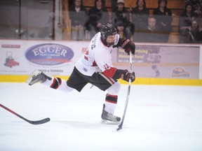 File Photo
Hagersville Hawks captain Jesse Ross fires home his third marker during Game 4 of the SOJHL McConnell Conference Final last year. Ross and his fellow Hawks will play Game 2 in the second round playoff series against the Wellesley Applejacks this Friday.