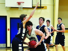 Coleman Kettenbach was a presence for the Hawks in the paint during the County Central’s Feb. 5 win over Matthew Halton High School at the Cultural-Recreational Centre. Stephen Tipper Vulcan Advocate
