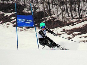 Sunridge racer Brittany Carlson during her bronze-medal run at the Canyon Ski Resort in Red Deer last weekend. Photo supplied.