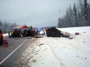 The carnage of a two-vehicle collision Wednesday afternoon on Highway 881 speaks for itself. A 54-year-old man was pronounced dead on the scene, while two others are in critical condition at Edmonton-area hospitals. SUPPLIED BY LAC LA BICHE RCMP