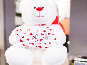 The Portage la Prairie Regional Library is holding I Love to Read Month in February to encourage people to read and visit the library. The jar of hearts and white teddy bear are part of a draw -- whoever guesses the correct number of hearts wins the jar of candy and toy.