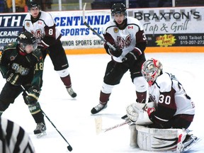St. Thomas's Dean Pawlaczyk (18) gets in front of Chatham goalie Scott Tricker as Braden Hellems scored his second goal of the night Thursday for the Stars. Moving in for the Maroons are Branden Morris (3) and Ben Pataki (8). The Maroons won the Greater Ontario Junior Hockey League game 7-4. R. MARK BUTTERWICK / St. Thomas Times-Journal / QMI AGENCY
