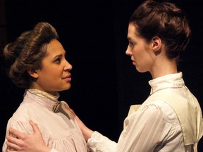 Beck Lloyd, as Actress, and Chantel Martin as Lizzie Borden, in the Queen’s Department of Drama production of Blood Relations, now playing until Feb. 14 at the Rotunda Theatre, Theological Hall, with performances on Saturday at 2 and 8 p.m., Sunday at 2 p.m., and Tuesday to Thursday at 8 p.m.