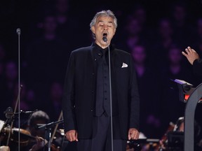Italian tenor Andrea Bocelli performs with the New York Philharmonic Orchestra at Central Park's Great Lawn in New York September 15, 2011. REUTERS/Shannon Stapleton