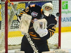 DHT file photo
Storm goalie Nick Kulmanovsky backstopped the Storm to a 3-2 win over the Sherwood Park Crusaders Sunday, solidifying the team’s grasp on second place in the north.