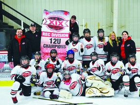 Submitted photo
The Peewee C Ottawa Valley Thunder girls swept the Adirondack Northstars Winter Classic in Glens Falls, N.Y. recently, taking home the championship title in the rec division. In front are, starting from left, Karsyn Keetch, Emma Peever and Meagan McGuire. Seated in the second row behind them are, from left, Louisa Fritzsche, Camryn Biggs, Cally Dunbar, Katlyn Olsheski, Hannah Dubeau and Cailey Herwig. Standing in the back row are, from left, Rodney Herwig (coach), Shawn Peever (asst. coach), Ron Dunbar (asst. coach), Maggie Mohns, Georgia DeAbreu, Camryn Robinson, Lisa Keetch (asst. coach) and Melissa Dubeau (trainer).