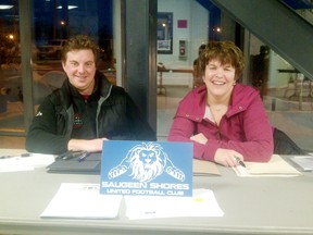 Pictured Jeff Virgo and Tracy Clarke at their registration booth at The Plex last Wednesday signing players up for the 2013 soccer season.