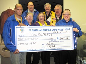 Pictured celebrating the donation back row (left to right)  curling coach Don Bowley and Lions Club member Ed Buckle. Front row (left to right) curler Wayne Morton, Lions Club members Peggy Buckton, Mary Heimbecker and Eric Eastwood and curler Matt Cumming.