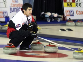 Ontario skip Aaron Squires at the Canadian Junior Curling Championships. Ontario lost 11-8 to Manitoba on Friday in a tiebreaker to decided which team would advance to medal play. (TREVOR HOWLETT, QMI Agency)
