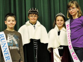 Friday evening marked the opening ceremonies for the 2013 South Porcupine Winter Carnival. In keeping with tradition, this year's Prince and Princess were crowned and began their weekend-long reign. From left are runner-up Spencer Torrens, Prince Adam Radske, Princess Meghan Watt and runner-up Kathleen Clark.