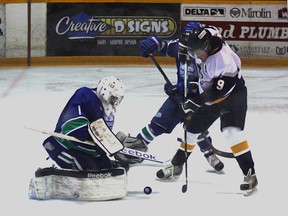 Kirkland Lake Gold Miners' forward Royce King looks to get a good shot on goal during Friday's 4-1 win over Sudbury.