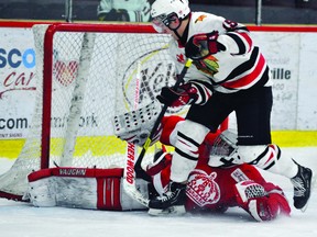 Brockville Braves forward Taylor Henry is stopped on a breakaway by Pembroke Lumber Kings goalie Darren Smith during CCHL action on Friday night at the Memorial Centre. (STEVE PETTIBONE The Recorder and Times)