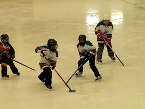 Brooke Cain takes control of the ring for Paris' U10 ringette Team Wight with some help from Maya Mattu (5) and Jayna Jaworski (1) on Sunday, Feb. 3, 2013 in what ended as a tie game (8-8) against a Cambridge team. SUBMITTED PHOTO