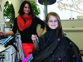 Four year-old Sara Fitz received her first hair cut and also made a noble gesture as she donated her hair to Locks of Love on Saturday. Her hair was cut by Stylist Emilie Hack of Elaine's Hairstyling and Spa.