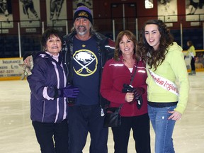 This year’s CJKL Carnival Queen contestants had some fun with friends and family at The Joe as they attended a skating party. In the above photo Miss Royal Canadian Legion Branch 87 Holly Sutton(far right) spends some time with her grandmother Annie MacKinnon (far left), her dad Mike Sutton and her mom Dr. Mary Mackinnon.