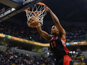 Toronto Raptors forward Rudy Gay dunks the ball against the Indiana Pacers during the first quarter of their NBA basketball game in Indianapolis on Feb. 8. (REUTERS)