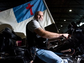 Tim Carson is the National President of Heaven's Saints Motorcycle Ministry. He was photographed at the World of Motorcycles Expo at Western Fair in London, Ontario on Sunday, February 10, 2013.DEREK RUTTAN/ The London Free Press /QMI AGENCY