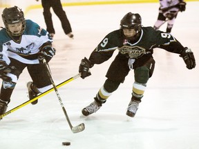 MONTE SONNENBERG Simcoe Reformer
Steve Fennel, left,  of the Simcoe Warriors was dangerous all game against Pelham on Saturday. However, skate as they might, the atom AE’s couldn’t solve the Panthers’ defence en route to a 2-0 loss at the Simcoe Recreation Centre.