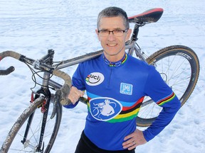 Jim Laird of the First Capital Cycling Team wears the world champion jersey he won at the world masters cyclocross championships in Louisville, Ky., last week. (Elliot Ferguson The Whig-Standard)