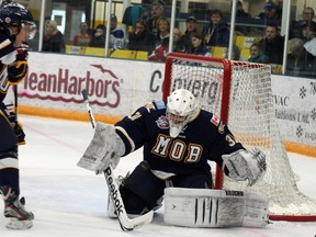 Oil barons goltender Tanner Jaillet makes a save in the second period of Sunday’s game between the MOB and the Whitecourt Wolverines TREVOR HOWLETT/TODAY STAFF
