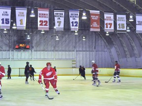 Retired NHLers Wayne Babych, left, and Dennis Hextall warm up before the Detroit Red Wings Alumni team take on the Poplar Point Pilgrims alum Friday night at the Poplar Point 100 years of Hockey celebration. See more in this week's Central Plains Herald-Leader. (CLARISE KLASSEN/PORTAGE DAILY GRAPHIC/QMI AGENCY)