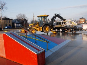 City of St. Thomas environmental services move one of the features in the skateboard park onto a trailer as the condemmed park was being dismantelled and sent for recycling. (T-J file photo)