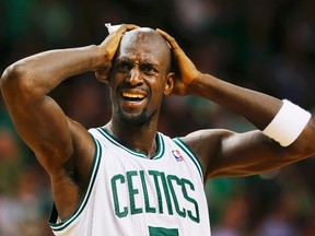 Celtics centre Kevin Garnett was caught dropping an N-bomb by TV microphones while trash talking the Nuggets on Sunday. (BRIAN SNYDER/Reuters)