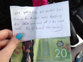 Catheron Miller woke up on the morning of Jan. 28 to find this note with $20 telling her to treat her self to Tim Horton’s for the week as part of the Pay It Forward movement.
Submitted