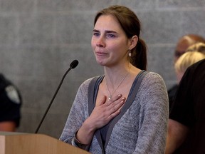 Amanda Knox addresses the media during a press conference in Seattle, Washington after returning with her family to the U.S. (Layne Freedle/WENN.COM)