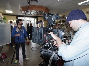 A group of post graduate film students from Sheridan College filmed a 10 minute short entitled Irisdescent on Monday at It's Perfect on Dundas Street in Woodstock. John Ker is the camera operator while Will Preventis operates the boom. HEATHER RIVERS/WOODSTOCK SENTINEL-REVIEW