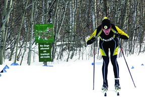 Edmonton’s Tate MacDonald pushes hard to cross the finish line in the 31 km race at the 2013 Canadian Birkebeiner Ski Festival. MacDonald finished second in the event.Leah Germain News Staff