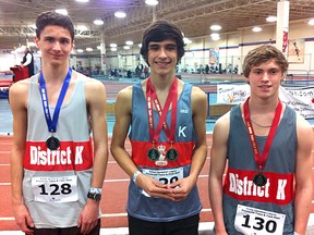 From left Philippe Johns, Mathieu Plamondon and Bradd Boucher pose with their medals at The Ontario Legion Meet this past weekend.
